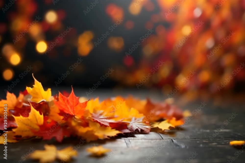 Fall video with red yellow orange leaves falling on a ground moving with a wind bokeh dark horizontal background Fall video with red yellow orange leaves falling on a ground moving with a wind bokeh dark horizontal background