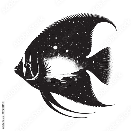 silhouette of Regal Angelfish filled with space and sci-fi element in rough drawing