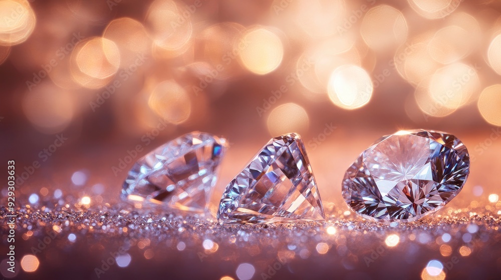 Sparkling diamonds resting on a glittering surface, with a beautiful bokeh effect in the background enhancing their brilliance and clarity with generative ai Sparkling diamonds resting on a glittering surface, with a beautiful bokeh effect in the background enhancing their brilliance and clarity with generative ai