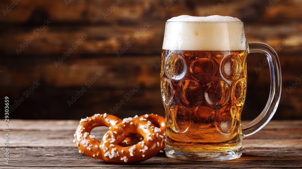 A refreshing glass of golden beer paired with soft pretzels, perfect for a relaxed gathering. A refreshing glass of golden beer paired with soft pretzels, perfect for a relaxed gathering.