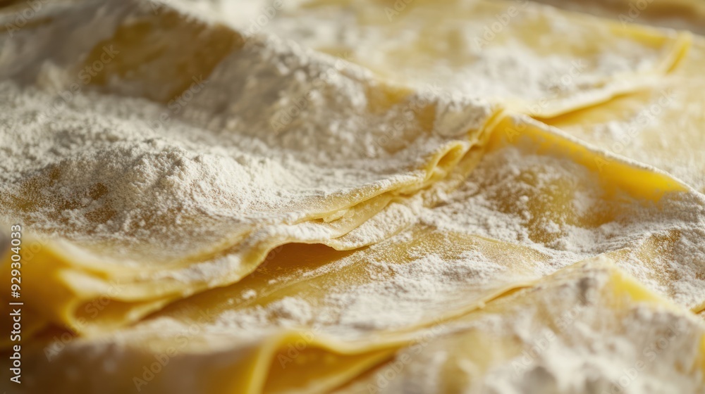 Close-up of freshly made pasta sheets coated with flour, showcasing their delicate texture and golden hue. Close-up of freshly made pasta sheets coated with flour, showcasing their delicate texture and golden hue.