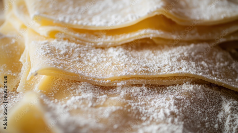 Close-up of fresh pasta sheets dusted with flour, showcasing their delicate texture and rich color. Close-up of fresh pasta sheets dusted with flour, showcasing their delicate texture and rich color.