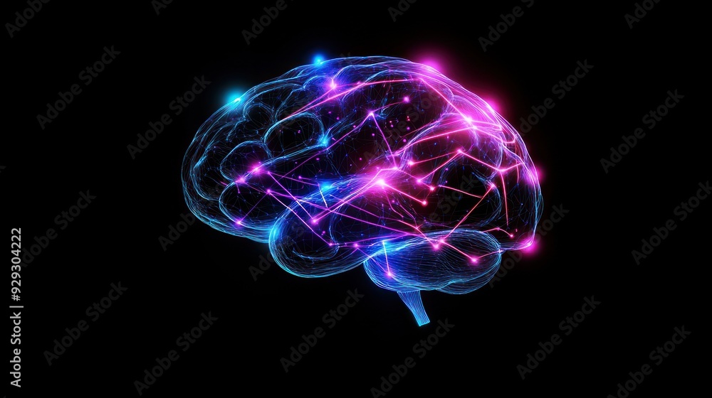 A vibrant, digital illustration of a human brain, showcasing neon neural connections in blue and pink against a dark background. A vibrant, digital illustration of a human brain, showcasing neon neural connections in blue and pink against a dark background.