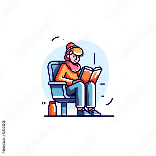 Cartoon Woman Reading a Book While Sitting on a Chair 