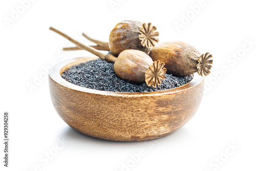 Dry poppy head and poppy seed in bowl isolated on white background.
