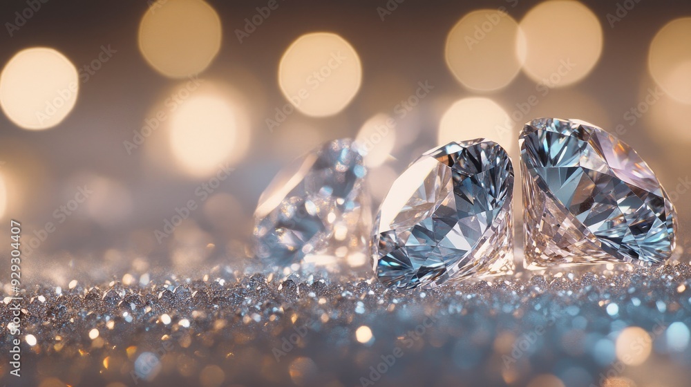 Sparkling diamonds resting on a glittering surface, with a beautiful bokeh effect in the background enhancing their brilliance and clarity with generative ai Sparkling diamonds resting on a glittering surface, with a beautiful bokeh effect in the background enhancing their brilliance and clarity with generative ai