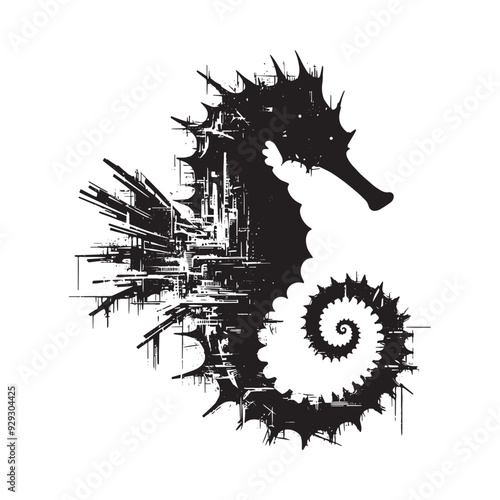 silhouette of Seahorse filled with destroyed futuristic dystopia environment in rough drawing