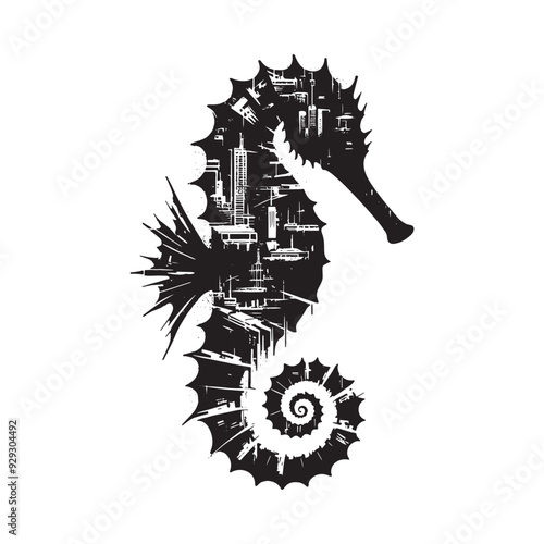 silhouette of Seahorse filled with destroyed futuristic dystopia environment in rough drawing