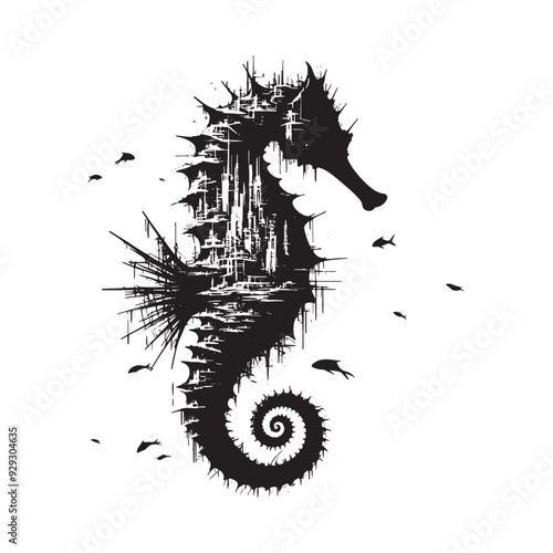 silhouette of Seahorse filled with destroyed futuristic dystopia environment in rough drawing
