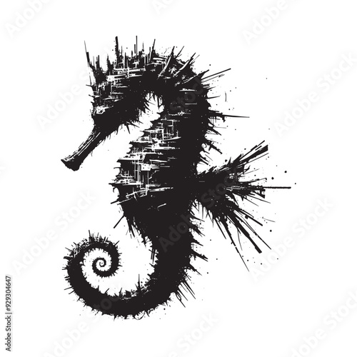 silhouette of Seahorse filled with destroyed futuristic dystopia environment in rough drawing