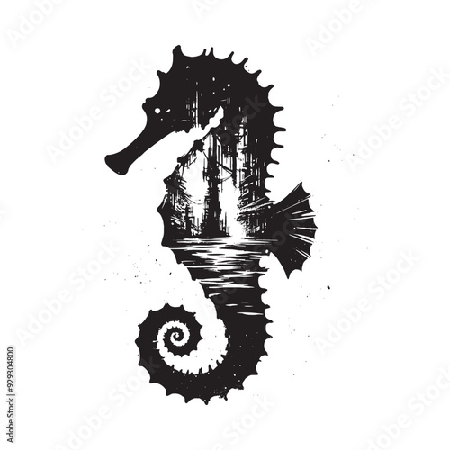 silhouette of Seahorse filled with destroyed futuristic dystopia environment in rough drawing