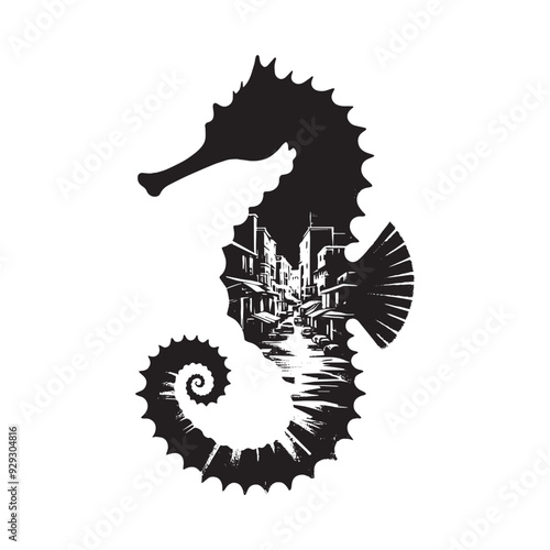 silhouette of Seahorse filled with ghetto street in rough drawing
