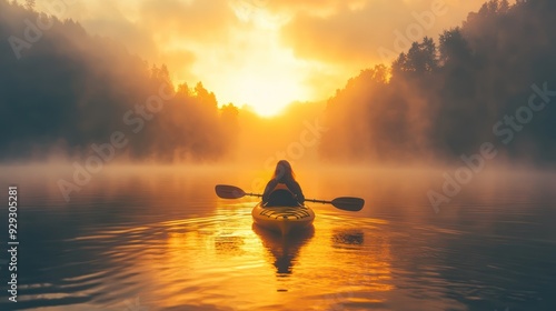 A silhouette of a female kayaker during sunset, gliding through calm waters surrounded by misty trees. photo