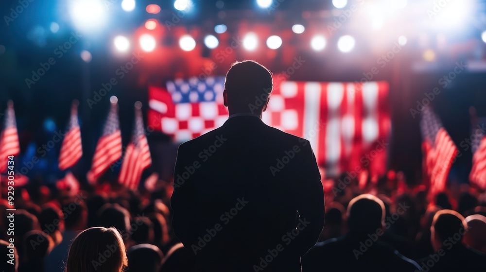 Silhouette of a man in a suit standing before an audience with American flags, projecting a sense of patriotism and determination. Silhouette of a man in a suit standing before an audience with American flags, projecting a sense of patriotism and determination.