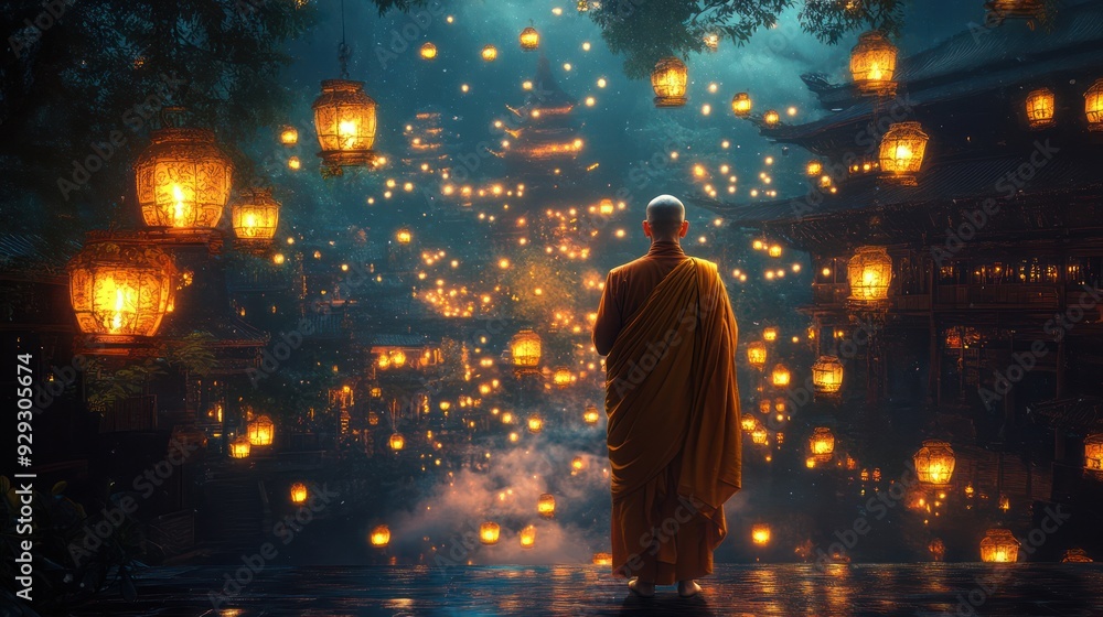 A serene male monk in an orange robe gazes at floating lanterns, illuminated by soft, warm light in a tranquil setting. A serene male monk in an orange robe gazes at floating lanterns, illuminated by soft, warm light in a tranquil setting.