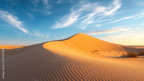 A serene desert landscape with rolling sand dunes under a clear blue sky.