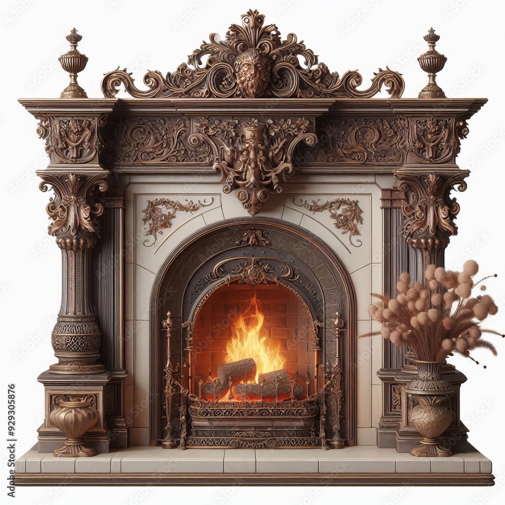 Ornate fireplace with intricate carvings and roaring fire. Ornate fireplace with intricate carvings and roaring fire.