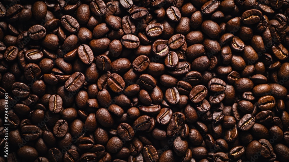 Naklejka premium A close-up of rich, dark roasted coffee beans, showcasing their glossy texture and unique shapes.