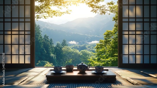 Serene Tea Room Poster: Embrace Tranquility with a Sliding Shoji Door, Low Table, and Mountain View – Perfect for Enhancing Your Home or Yoga Space Decor