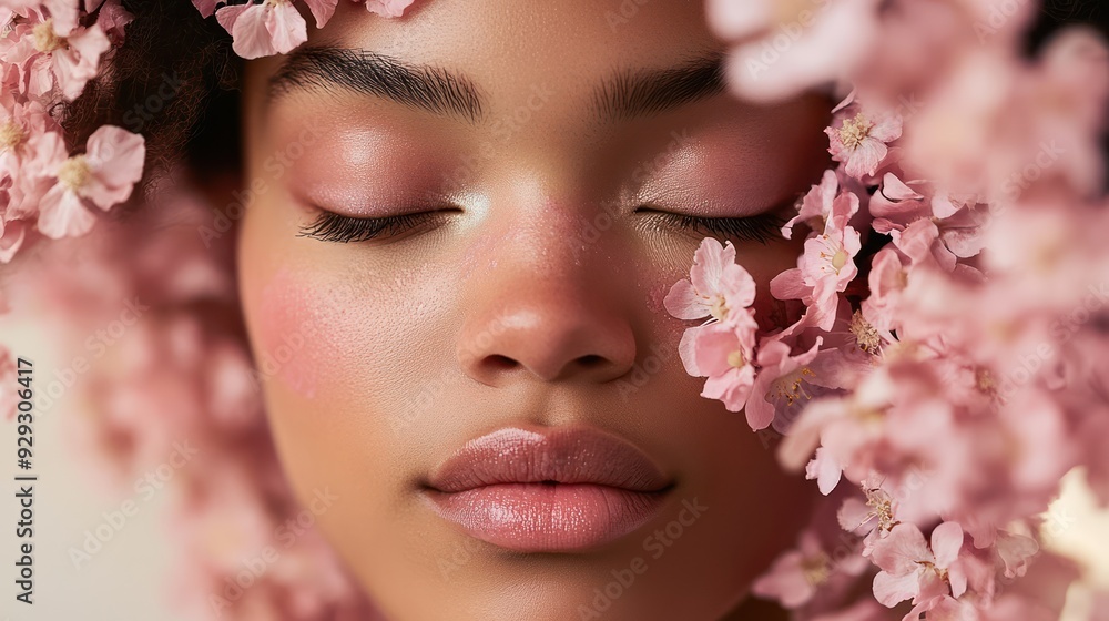 A serene young Black woman surrounded by delicate pink blossoms, embodying natural beauty and tranquility with closed eyes. A serene young Black woman surrounded by delicate pink blossoms, embodying natural beauty and tranquility with closed eyes.