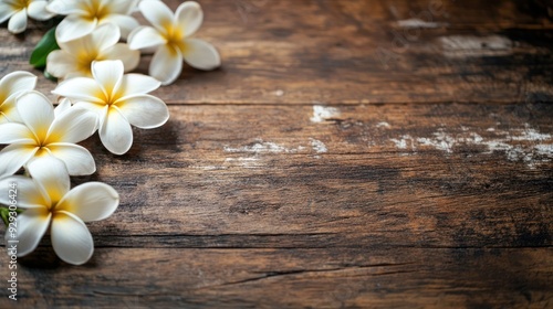 Delicate white plumeria flowers scattered on rustic wooden surface, creating a tranquil and inviting aesthetic.