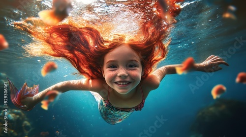 A young girl with red hair swims joyfully underwater, surrounded by colorful fish and vibrant marine life. photo