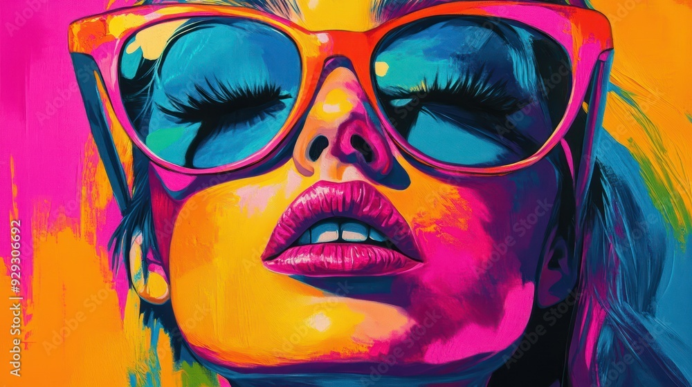 A vibrant portrait of a young woman with bold makeup, wearing oversized orange sunglasses against a colorful abstract background. A vibrant portrait of a young woman with bold makeup, wearing oversized orange sunglasses against a colorful abstract background.