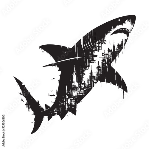 silhouette of Shark filled with destroyed futuristic dystopia environment in rough drawing