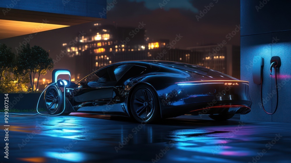 Fototapeta premium A sleek, futuristic electric car charging at night, illuminated by vibrant city lights.