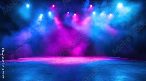 A vibrant stage with colorful lights and smoky atmosphere, perfect for performances. photo