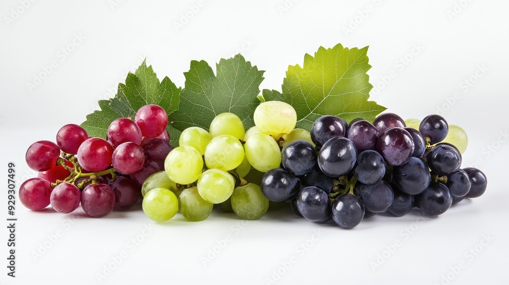 A vibrant display of assorted grapes in red, green, and black varieties, accented by lush green leaves, enhancing the visual appeal. A vibrant display of assorted grapes in red, green, and black varieties, accented by lush green leaves, enhancing the visual appeal.