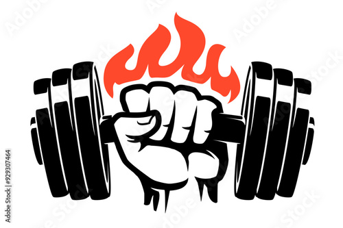 Hand with gym dumbbell, strong fist with barbell. Weight lifting, bodybuilding emblem or badge vector illustration