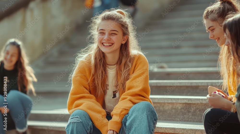 Fototapeta premium A joyful young woman with light skin and long hair smiles brightly, sitting on stairs surrounded by friends on a sunny day.