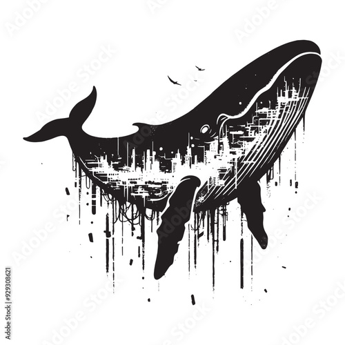 silhouette of sperm Whale filled with destroyed futuristic dystopia environment in rough drawing