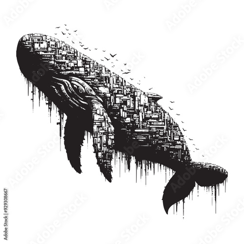 silhouette of sperm Whale filled with destroyed futuristic dystopia environment in rough drawing