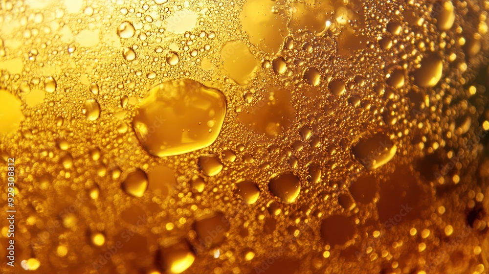Close-up of condensation droplets on a golden beverage, creating a refreshing and vibrant mood. Close-up of condensation droplets on a golden beverage, creating a refreshing and vibrant mood.