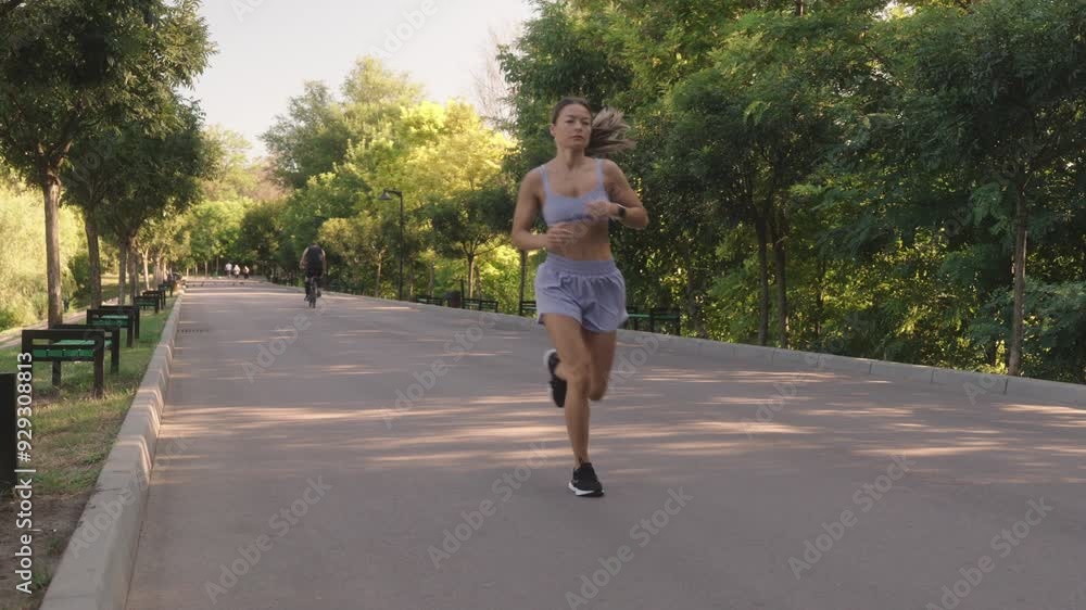 A young woman goes for a run in a beautiful green park. This video evokes themes of fitness, health, wellbeing, nature, and a healthy lifestyle.