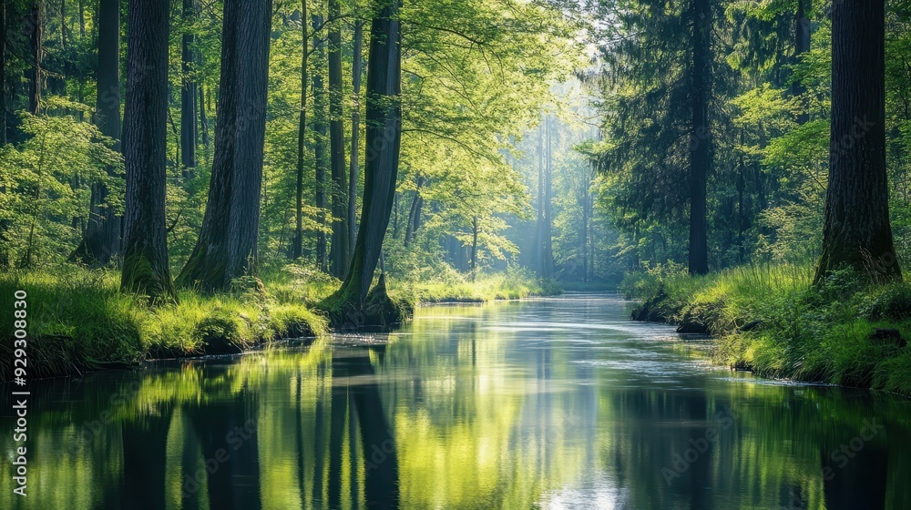 A serene forest landscape with a calm river reflecting greenery and soft sunlight. A serene forest landscape with a calm river reflecting greenery and soft sunlight.