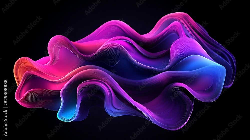 Obraz premium Abstract neon glowing pink and blue wave shape on dark background.
