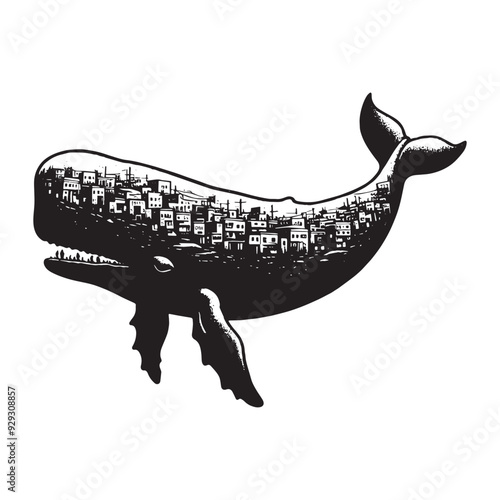 silhouette of sperm Whale filled with ghetto street in rough drawing