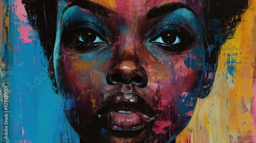 Vibrant portrait of a young woman with striking features against an artistic background