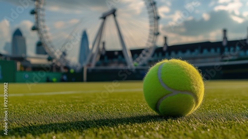 A vibrant green tennis ball on lush grass, with a skyline featuring a giant Ferris wheel in the background during a sunny day. photo