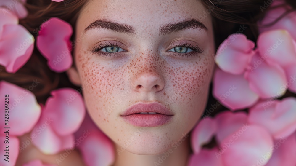 Close-up portrait of a young Eastern European woman with freckles, surrounded by delicate pink flower petals, conveying natural beauty and serenity. Close-up portrait of a young Eastern European woman with freckles, surrounded by delicate pink flower petals, conveying natural beauty and serenity.