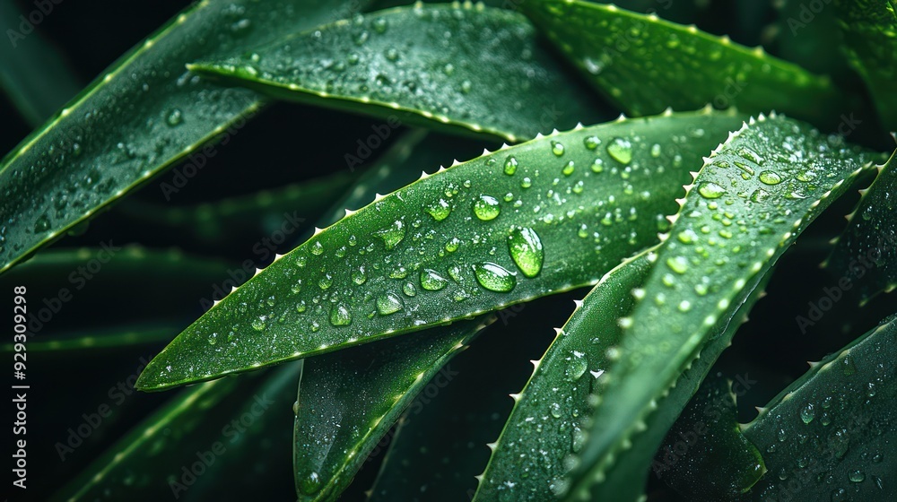 Close-up of vibrant green aloe vera leaves with glistening droplets of water, highlighting the plant's natural beauty. Close-up of vibrant green aloe vera leaves with glistening droplets of water, highlighting the plant's natural beauty.