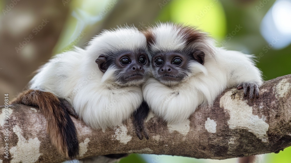 Two white and black monkeys sitting on a tree branch, AI Two white and black monkeys sitting on a tree branch, AI