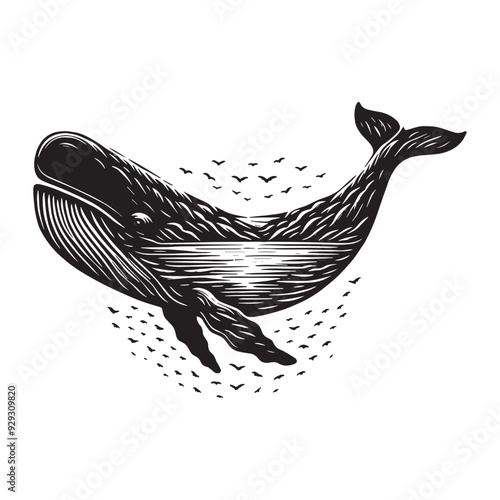 silhouette of sperm Whale filled with river view in rough drawing