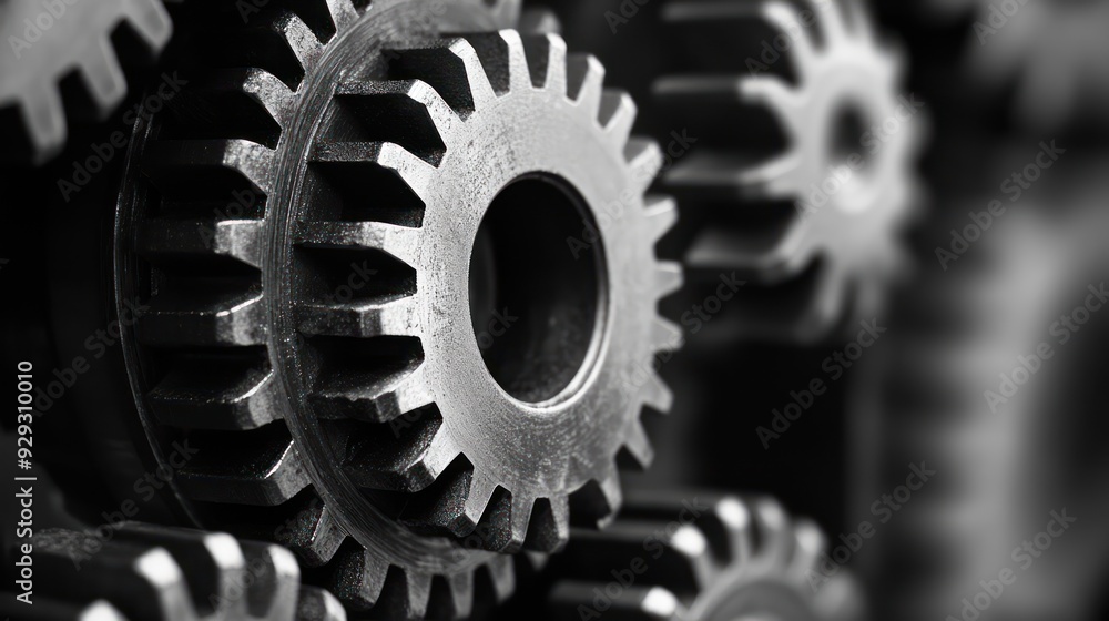 Close-up of interlocking metal gears showcasing their intricate design and texture. Close-up of interlocking metal gears showcasing their intricate design and texture.