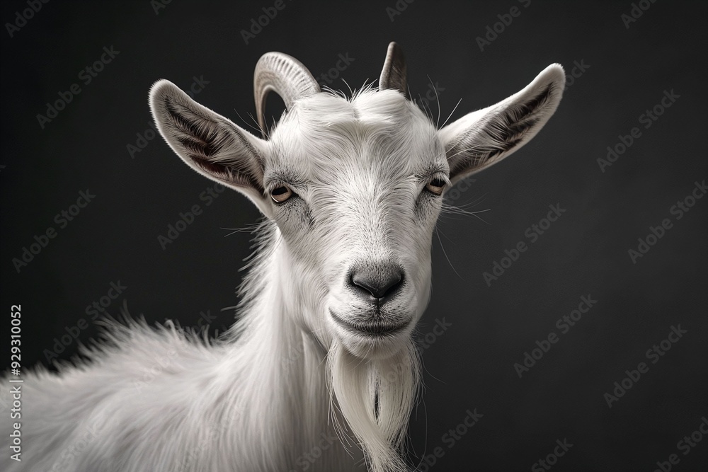 Fototapeta premium Close-up portrait of a white goat with distinctive horns and expressive eyes