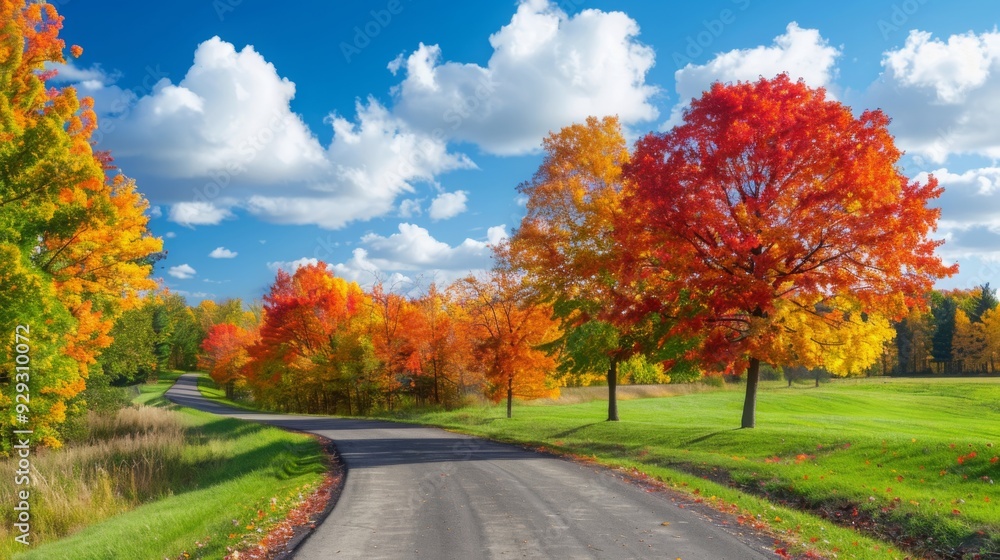 A winding road curves through vibrant autumn foliage, featuring red, orange, and yellow trees under a bright blue sky. A winding road curves through vibrant autumn foliage, featuring red, orange, and yellow trees under a bright blue sky.