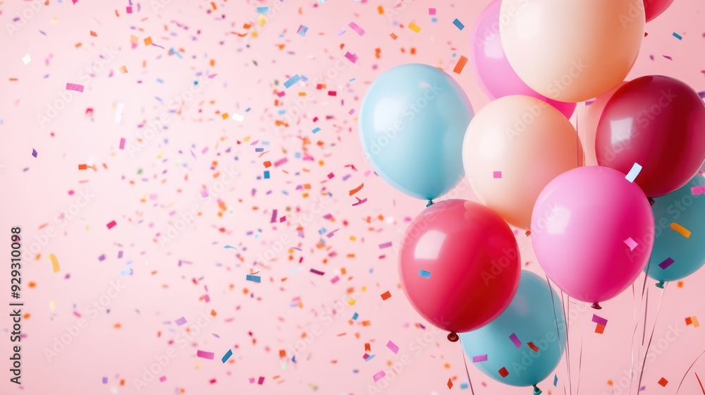 Colorful balloons floating against a pink backdrop, creating a festive atmosphere filled with joy and celebration.
